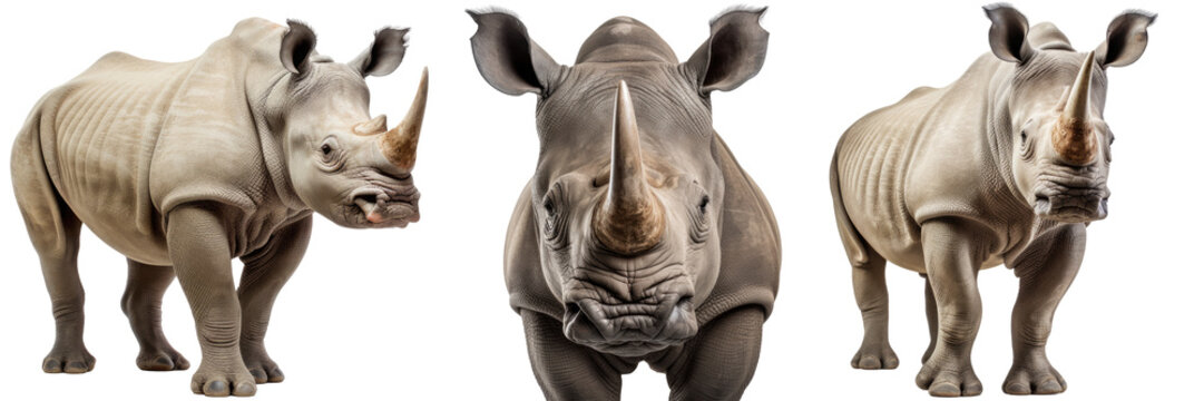 Rhinoceros (rhino) collection, portrait and standing, animal bundle isolated on a white background as transparent PNG