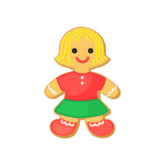 Christmas sugar cookie gingerbread woman. Xmas vector illustration with cute gingerbread person girl. Cookie shape decorated with colorful icing. Red green color holiday sugar cookie bisquit.