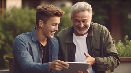 Young man and his senior father with tablets outdoors. Have fun chatting with each other. Pointing finger at screen, smile, happiness Generative AI