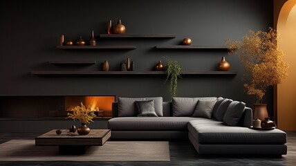 3D rendered image of a pleasant, dark living area with a sofa and accessories..