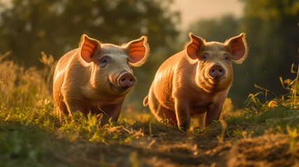 Fototapeta premium Pigs graze on farm in countryside. Pig is feeding on the green meadow. AI Generated