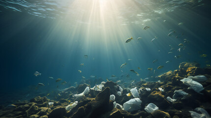 Naklejka na ściany i meble Environmental Disaster.Plastic Waste in the Sea. Ocean Garbage. Plastic Bottles and Debris