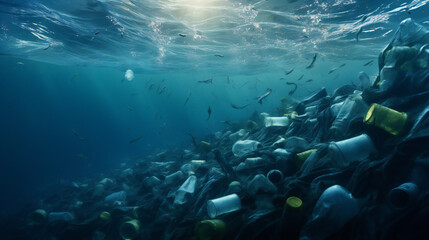 Fototapeta na wymiar Environmental Disaster.Plastic Waste in the Sea. Ocean Garbage. Plastic Bottles and Debris