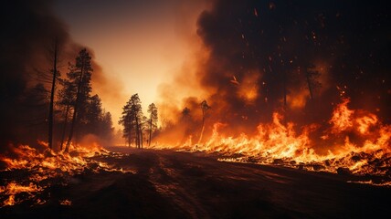 intense flames caused by a significant forest fire. As they roar over sagebrush and pine trees, flames illuminate the night. .