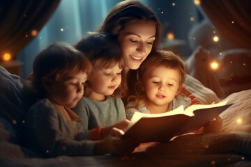 Mother with choldren reading book in bed at night - 644761389