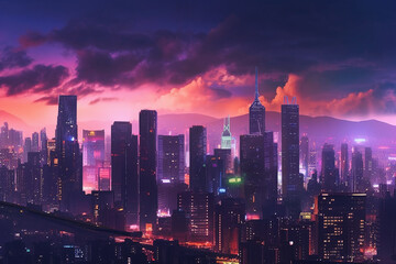 Fototapeta premium Neon towers and skyscrapers in purple lights