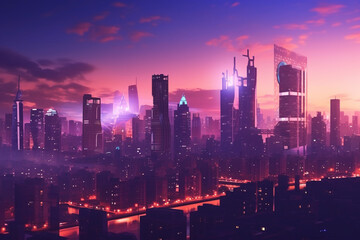 Fototapeta premium Neon towers and skyscrapers in purple lights