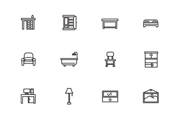 Set of Furniture Related Vector Line Simple Icons. Contains such Icons as Sofa, Table, wardrobe, etc.