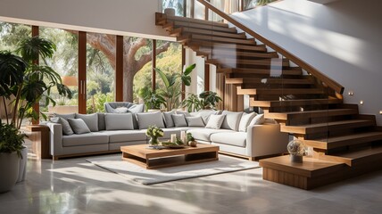 Fototapeta premium Modern villa entryway with staircase interior design..