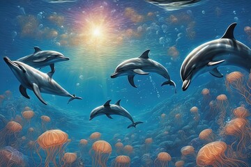 Obraz na płótnie Canvas illustration of dolphins in a seaillustration of dolphins in a seadolphin with a lot of dolphins in the ocean, 3 d illustration.