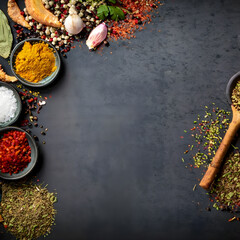 A set of spices and herbs. Indian cuisine. Pepper, salt, paprika, basil, turmeric. Top view. Free copy space.