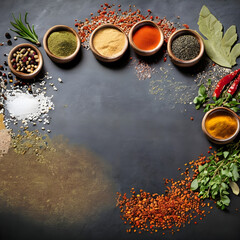 Colorful herbs and spices for cooking. Indian spices. On a black stone background. Top view. Copy space.