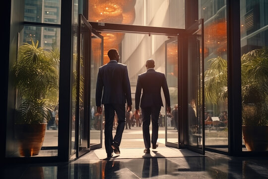 Two Multinational Young Businessmen Entering In Office Building With Glass Doors.