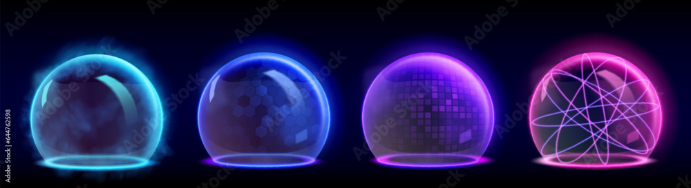 Poster glow sphere protective shield with different abstract surface textures and transparency effect. real