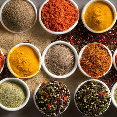 Food and cuisine ingredients. Spice background, top view. 