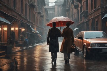 couple in love walking in the citycouple in love on an umbrellacouple in love walking in the city