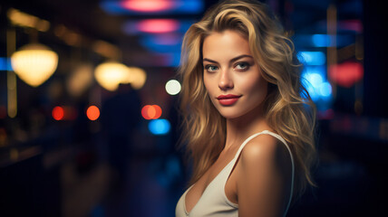 Blond Beauty. Nightlife Glamour. Blonde Woman against Night Skyline