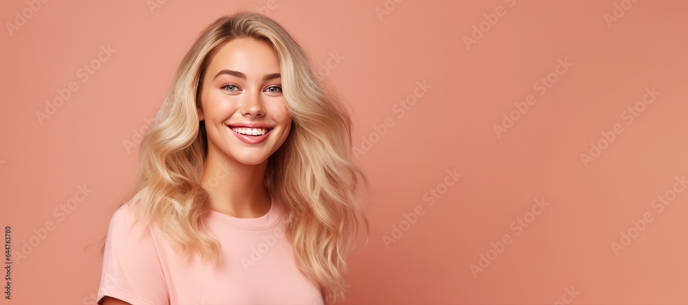 Wall mural young woman with long hair isolated on a flat background