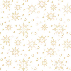 Seamless simple vector pattern with golden snowflakes snowballs background Bedclothes clothes wrapping paper textile card wallpaper Design nappking tablecloth Winter New Year Christmas Holiday Cute