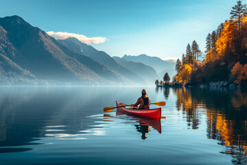 Young woman kayaking on a lake in the mountains. Concept of active lifestyle.