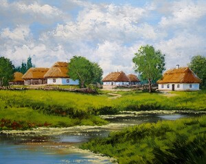 Fototapeta na wymiar Old house on the river, old village on the river. Oil paintings rural spring landscape, artwork. 