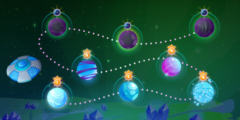 Space game ui level map with planet vector galaxy background. Alien ufo for 2d arcade mobile videogame flying near asteroid in cosmos for high score. Childish adventure app route landscape design © klyaksun