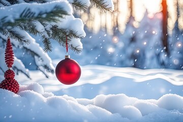 christmas ball on snow christmas ball on snow red christmas ball with fir branch and snow in the background.