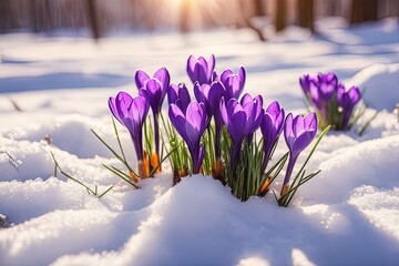 purple crocuses in the snow in the spring purple crocus on a snowy spring sunny day in the forest...