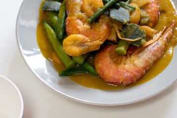 Ginisang gulay with hipon at kalabasa. Sauteed vegetables with shrimp and pumpkin. 
