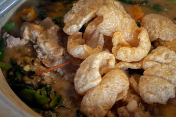 Pork chicharon on ginisang munggo, monggo with baboy and alugbati