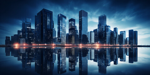 Cityscape At Night A 3d Rendering Of Downtown District Or Metropolis With A Row Of Skyscrapers Background