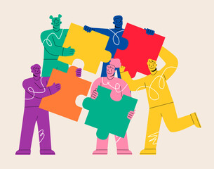 Puzzle team concept. Business teamwork for success. Colleagues Assemble Jigsaw. Vector illustration