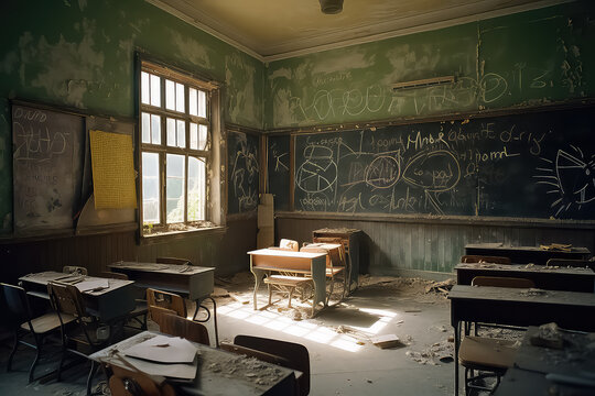 Destroyed school after terrorist attack with old empty school corridors,