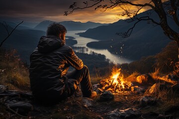The beauty of the night sky is on full display as a backpacker enjoys the campfire's warmth while stargazing in the wilderness