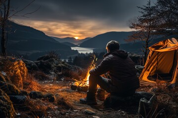 The beauty of the night sky is on full display as a backpacker enjoys the campfire's warmth while stargazing in the wilderness