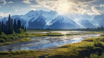 beautiful view, alaska, bright sunlight, stunning nature, professional photography, 16:9 - obrazy, fototapety, plakaty