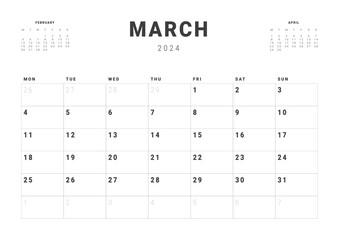 Monthly page Calendar Planner Templates of March 2024. Vector layout of simple calendar with week start Monday for print. Page for size A4 or 21x29.7 cm