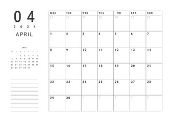 Monthly page Calendar Planner Templates of April 2024 with note. Vector layout of simple calendar with week start Monday for print. Page for size A4 or 21x29.7 cm