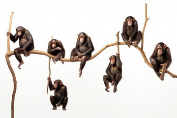 Chimpanzee monkey sitting on a branch isolated on white background, Chimpanzees hanging on trees in...