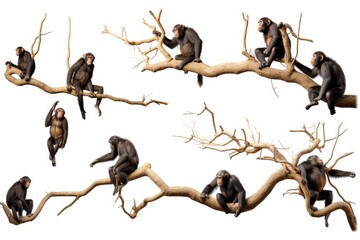 Naklejka premium Chimpanzee sitting on a branch isolated on a white background, Chimpanzees hanging on trees in different positions on a white background, side view, AI Generated