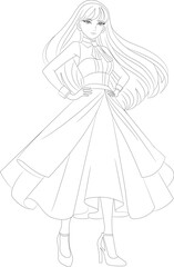 Hand-drawn vector of model in a dress coloring page