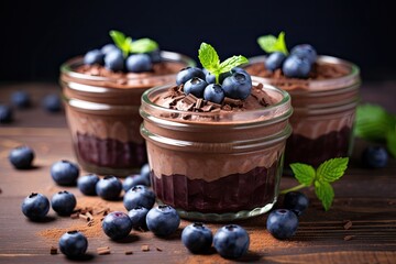 Chocolate mousse with fresh blueberries and mint in glass jars, Chocolate mousse with fresh blueberries in glass jars, selective focus, AI Generated