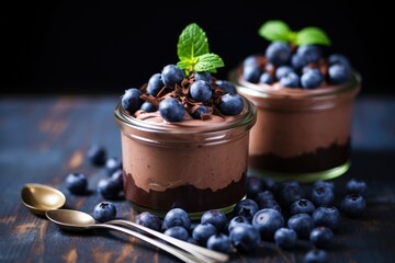Chocolate mousse with blueberries and mint in glass jars, selective focus. Chocolate mousse with fresh blueberries in glass jars, selective focus, AI Generated