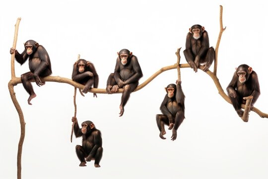 Chimpanzee monkey sitting on a branch isolated on white background, Chimpanzees hanging on trees in different positions on a white background, side view, AI Generated