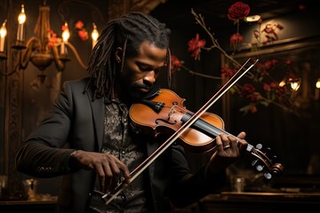Fototapeta premium Male african american violinist enthusiastically playing his instrument
