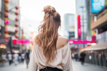 pretty woman walking at urban city street, shopping area, Generative Ai
