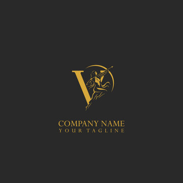 Letter V and Archer woman logo on isolated background.