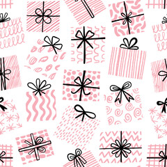 Gift present vector seamless pattern. Birthday gift box hand drawn sketch doodle background - 644768314