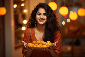 Indian pretty woman holding plate full of sweet ladoo or laddu on diwali night