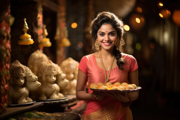 Indian pretty woman holding plate full of sweet ladoo or laddu on diwali night